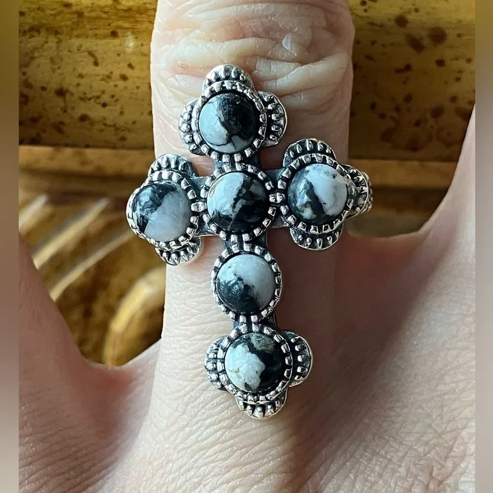 White Buffalo Turquoise Sterling Silver Cross Ring Size 6